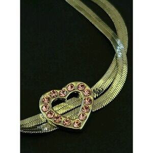 Silver Tone Triple Strand Pink Rhinestone Heart Bracelet 9in Snake Chain 8g